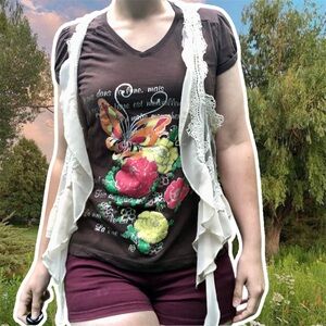 Embellished French Fairygrunge Cyber y2k T-Shirt with Puffy Cap Sleeves, Size S